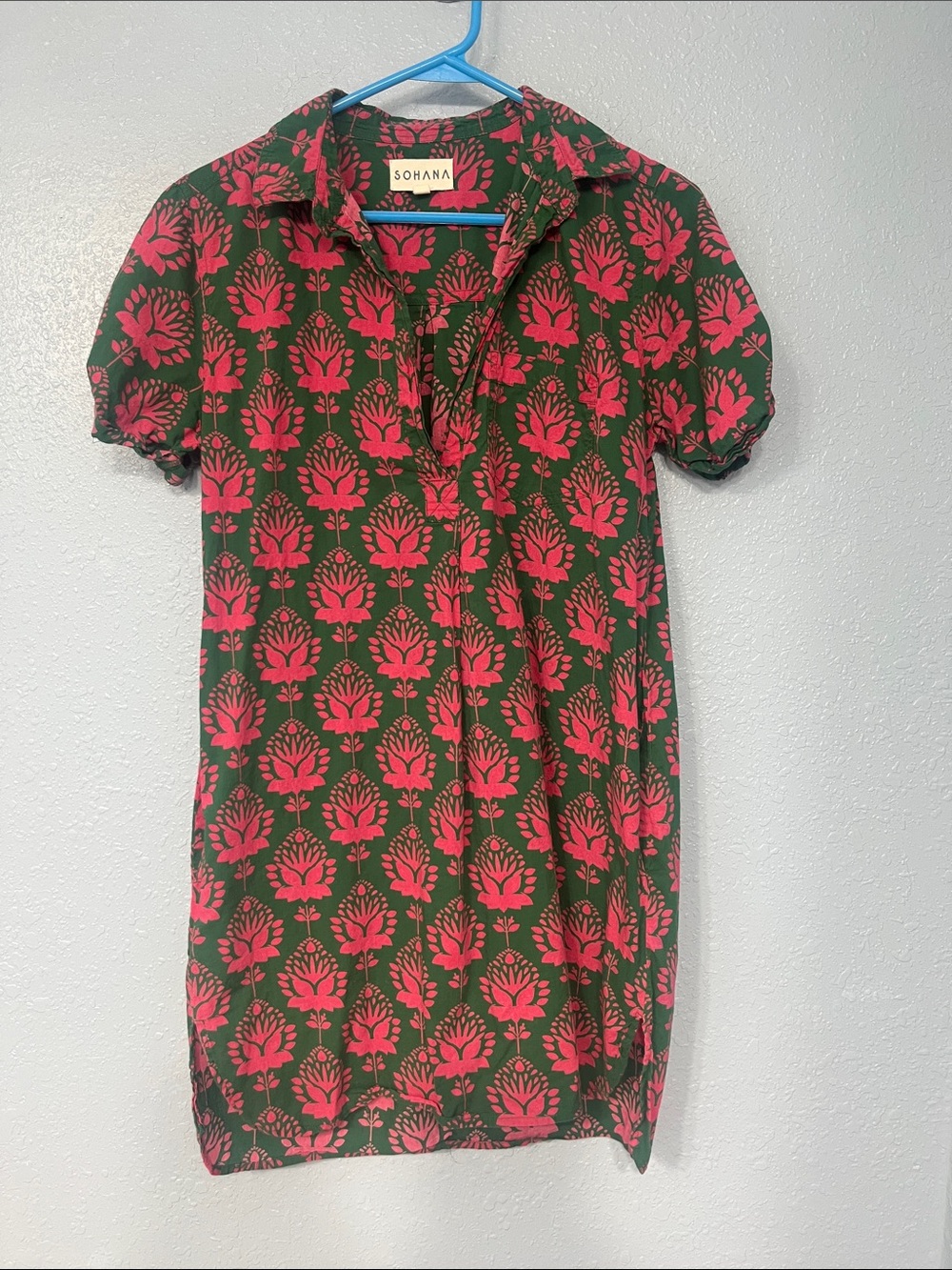 Sohana green/pink mini shirt dress, 100% cotton (fits like a medium)